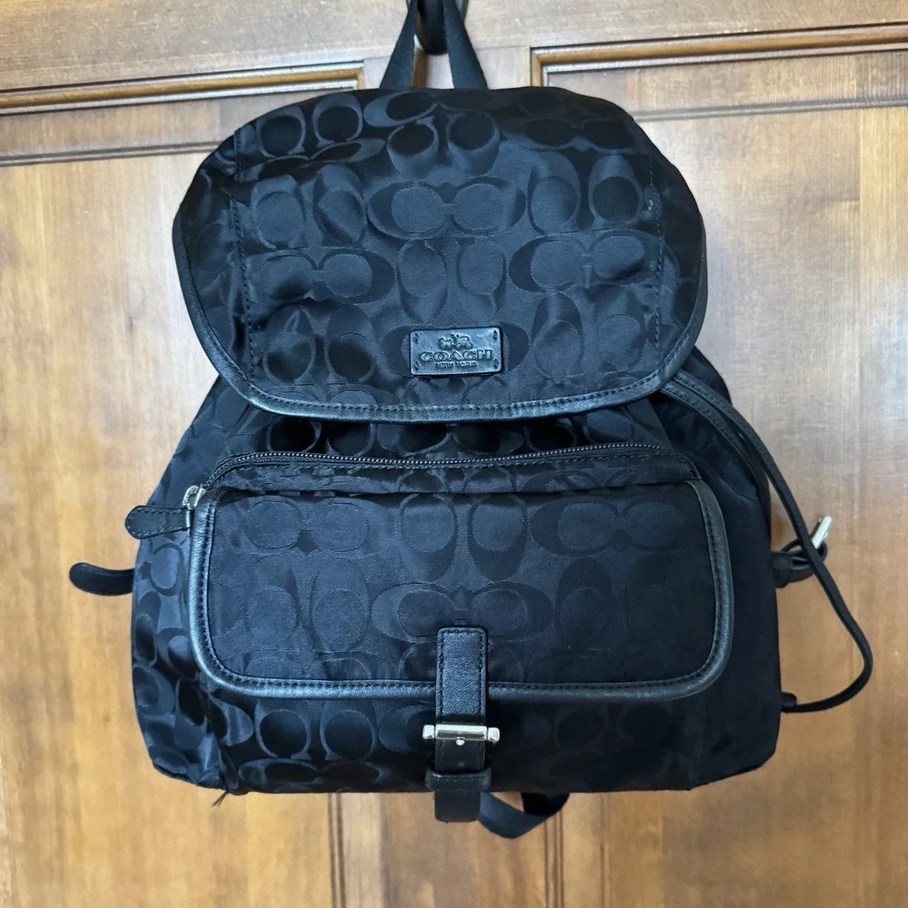 Vintage 90s Coach Signature Nylon Backpack Black Silver With Dust Bag 32970